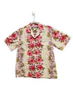 Two Palms Hawaiian Blouse Womens M Colorful Hibiscus Made is Hawaii USA Cotton